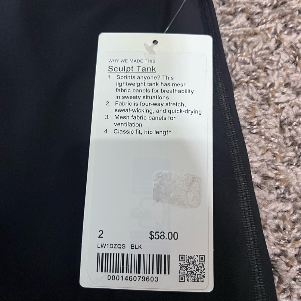 70. Lululemon athletica Black Sculpt Tank NWT SIZE 2 - Picture 2 of 2